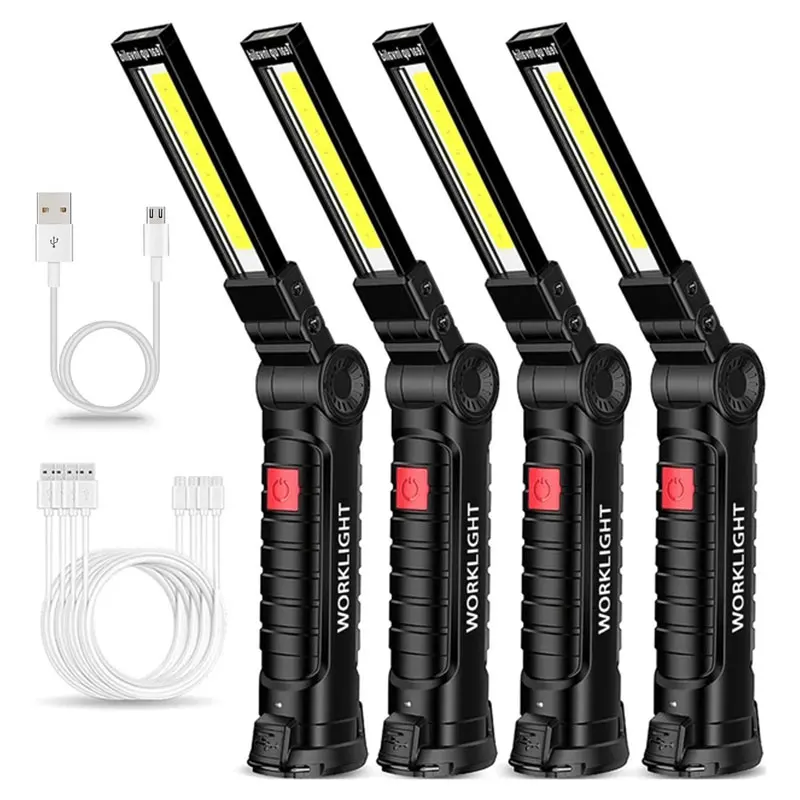 Led flashlight rechargeable portable COB folding work light 5Modes waterproof camping floodlight with magnetic & hook