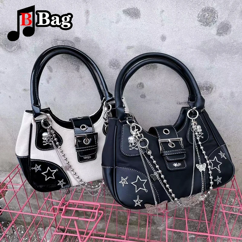 

Two color contrast stitching bag Y2K Millennium Spice Girl Chain Decoration tote armpit cross body shoulder handbag woman