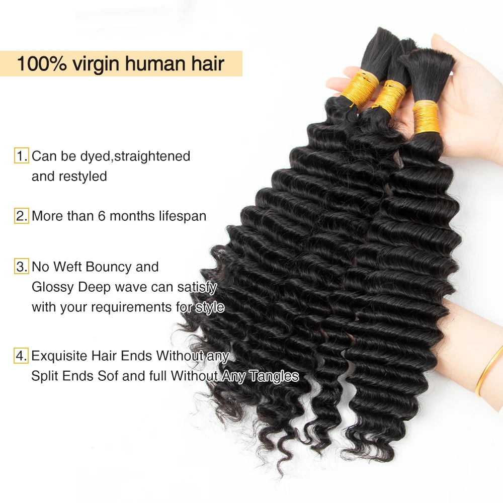 #4 Deep Wave Hair Bulk Extensions Remy Hair Bundles DIY Bulk Braiding Human 30 Inchs 50g/Pack Human For Braiding