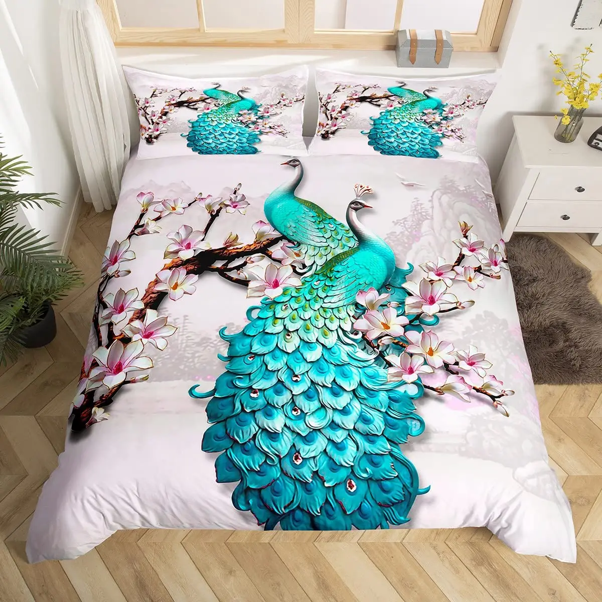 

Peacock Duvet Cover Set Microfiber Gorgeous Blue Feather Comforter Cover Pink Flower Soft 2/3Pcs Birds Animal Theme Quilt Cover