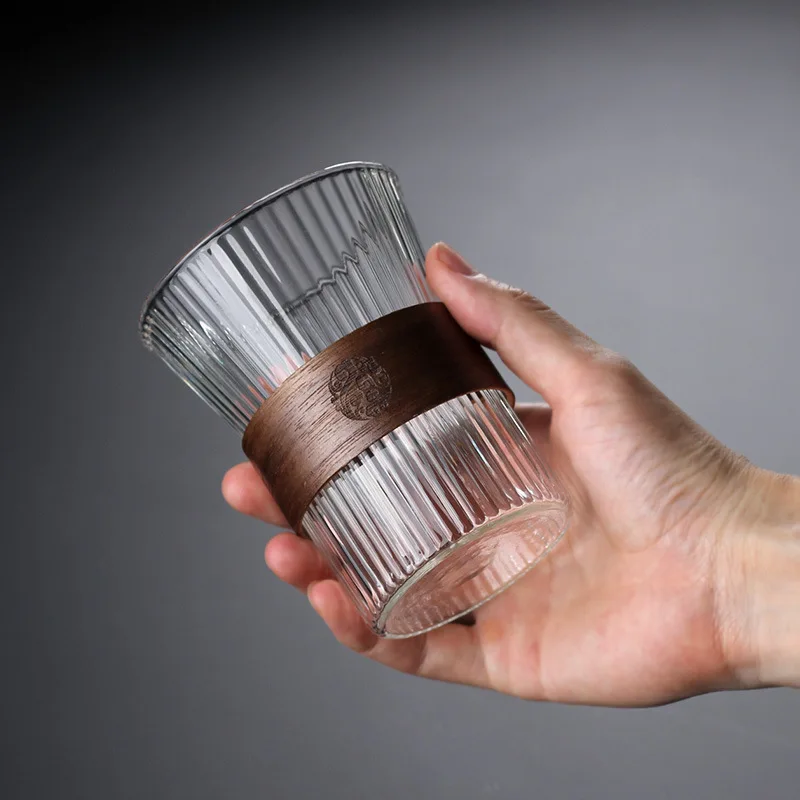 

Vertical single-layer glass hand-washed coffee cup insulation wood ring high boron silicon tea bubble tea cup home breakfast cup
