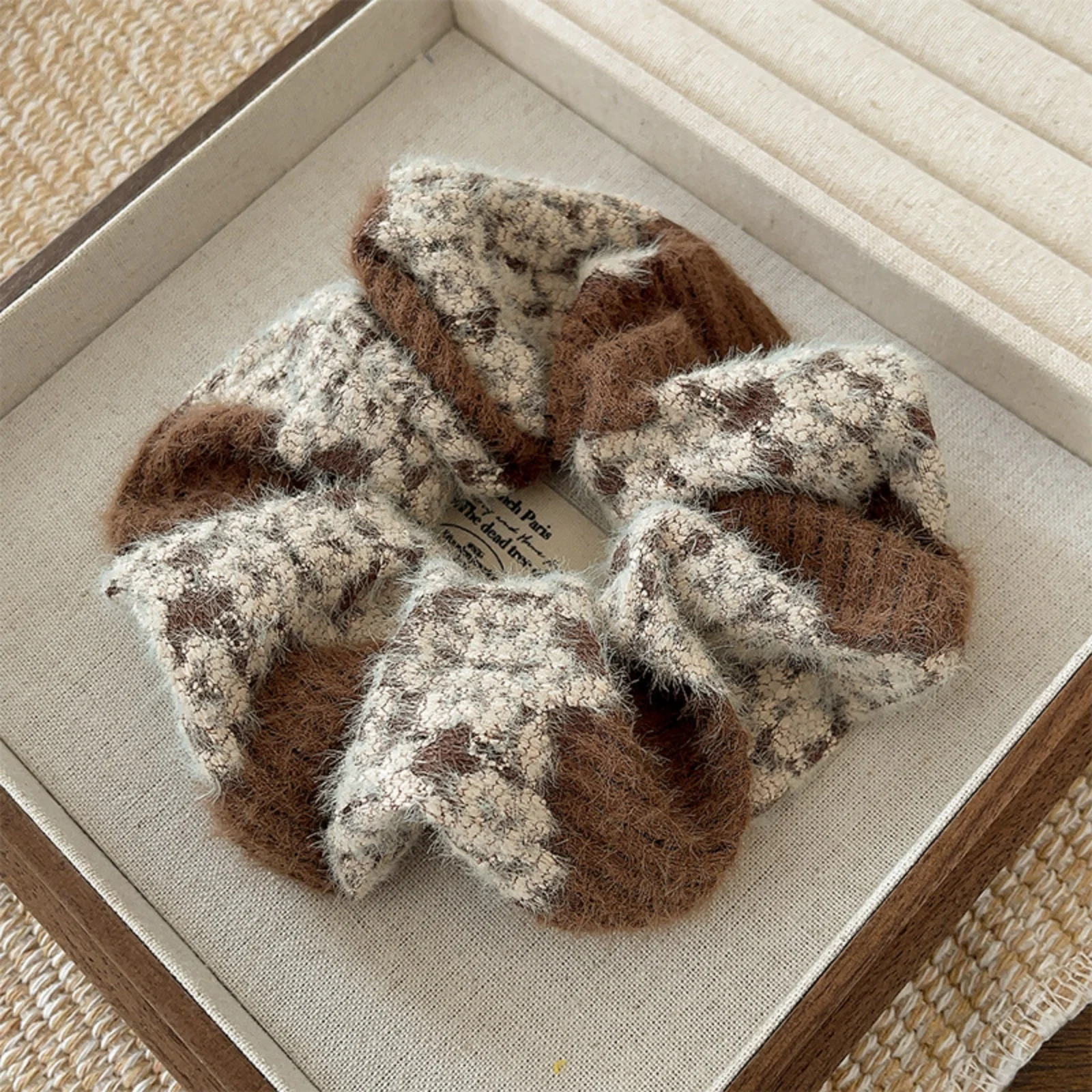 1PC Fuzzy Plaid Scrunchies,Black Brown Hair Ties, Soft Fluffy Knit Hair Accessories, Stylish Winter Hair Decor