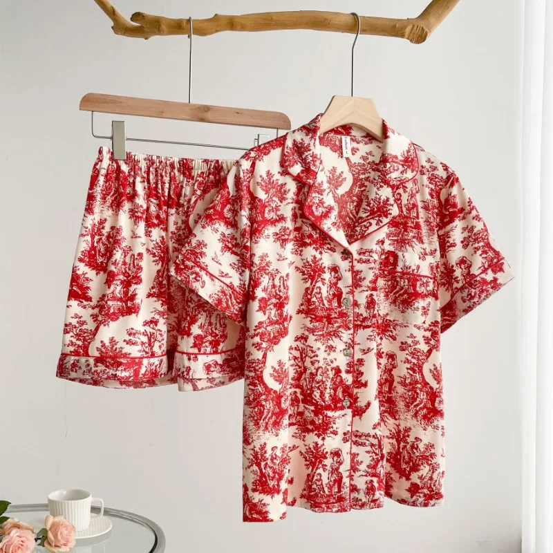 

Summer Print Satin Pajama Set Sleepwear Lapel Pijamas Suit Women Short Sleeve Shirt Pant Lingerie Negligee Homewear