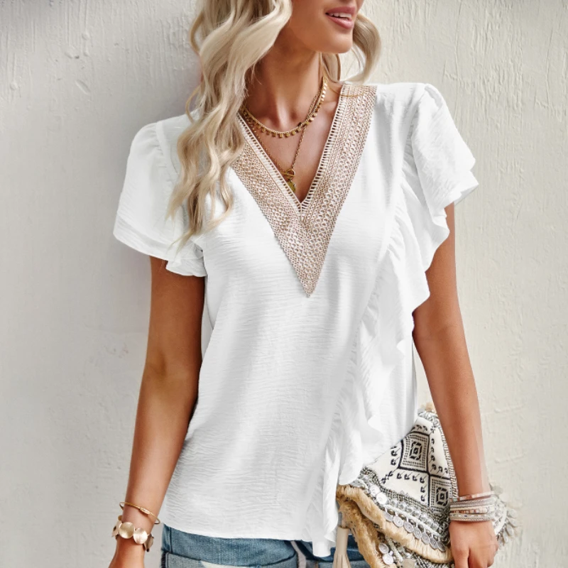 

2023 Fashion Elegant Woman Blouses Casual Loose Office Stylish Blusas Summer Short Sleeve Ruffles V Neck Lace Shirt Top 25891