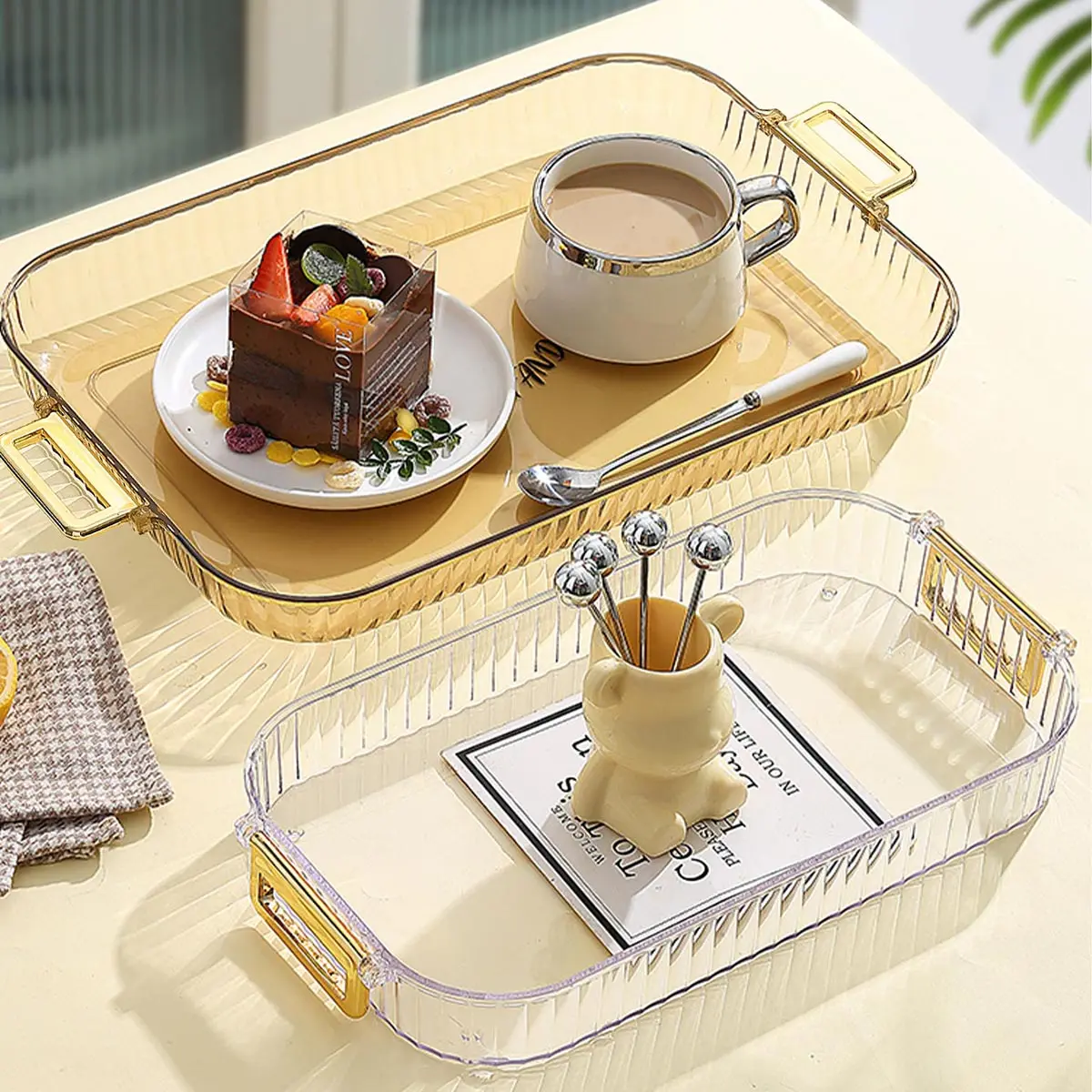Rectangular Storage Tray With Handle Plastic Serving Tray Living Room Transparent Teapot Teacup Storage Plate