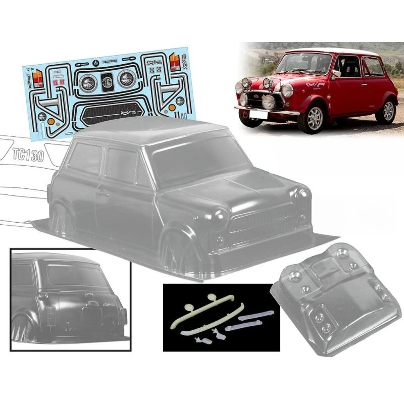 1-10-scale-minicooper-1300-on-road-body-shells-190mm-clear-bodywork-w-light-buckles-3d-front-rear-bumper-mirrors-and-decals-set