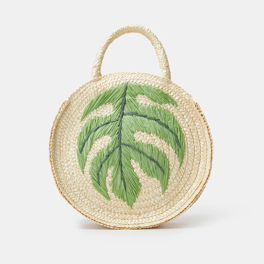 

Fashion Embroidered Coconut Tree Round Straw Tote Bag Casual Women Handbag Handmade Woven Summer Beach Bag Small Tote Bali Purse