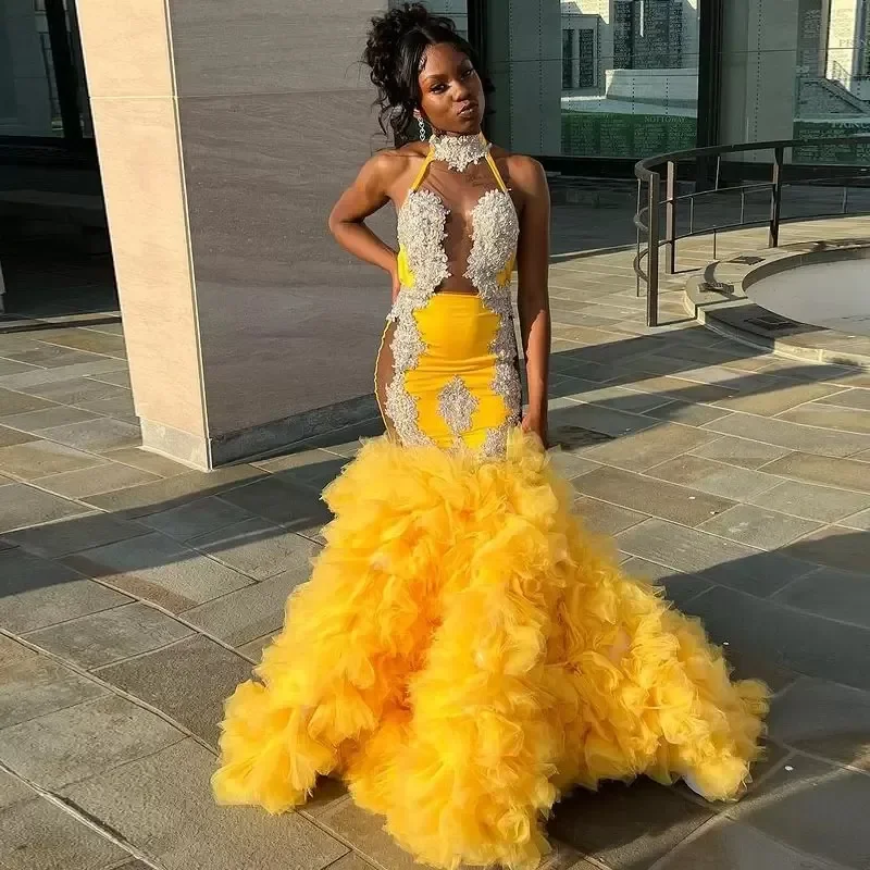 

Yellow Backless Prom Dresses Mermaid Ruffles Bottom Halter Appliques Beadings See Through Long Party Dress Gala ballkleider 2023