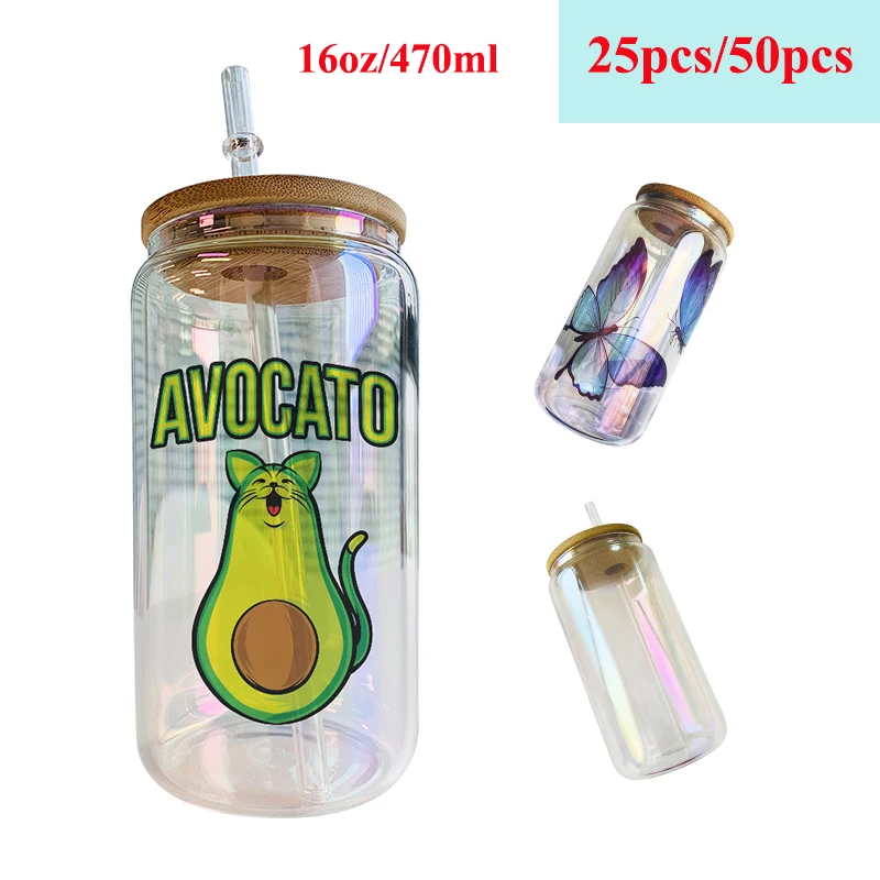 

25pcs/50pcs 16oz Sublimation Clear Rainbow Iridescent Glass Can Blank Mason Jar Cups Mug with Bamboo Lid With Plastic Straw DIY