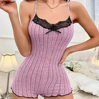 Women's Suspenders Lace Trim And Bow Design Pajamas Sleeveless V-Neck Pajamas Set Sleepwear Suit Sexy Solid Home Clothes Summer 2