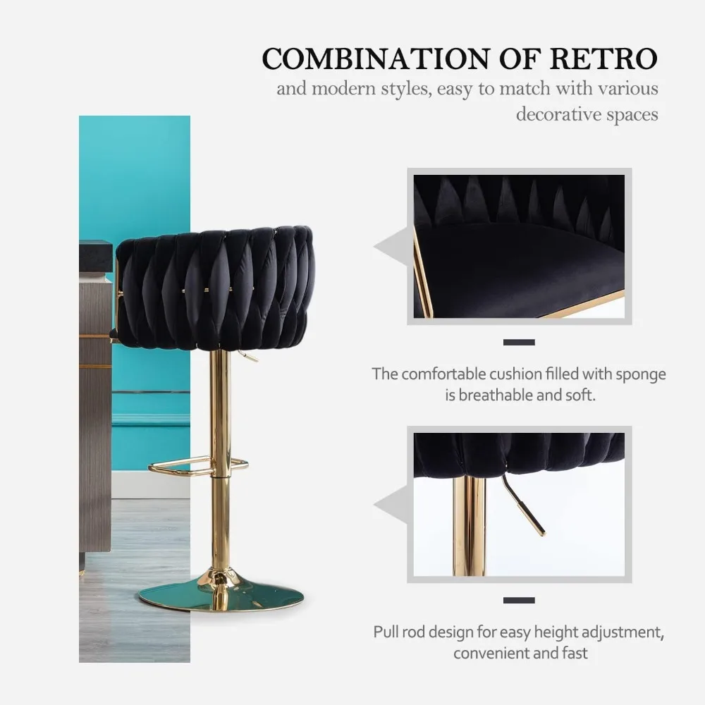 Velvet Swivel Bar Stools Set of 4, Adjustable Counter Height Bar Chairs with Woven Back & Footrest, Luxury Gold Bar Stools 4