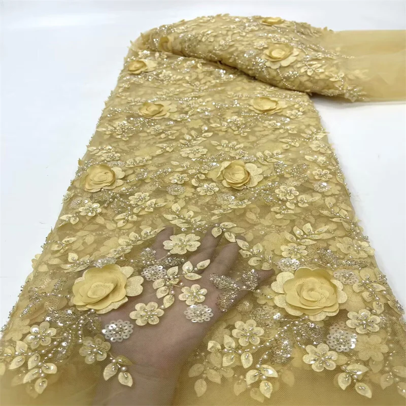

Gold Luxury 3D Lace Fabric 5 Yards Dubai Hand Beaded Tulle Lace Fabric Embroidered Applique African Fabric For Sewing Material