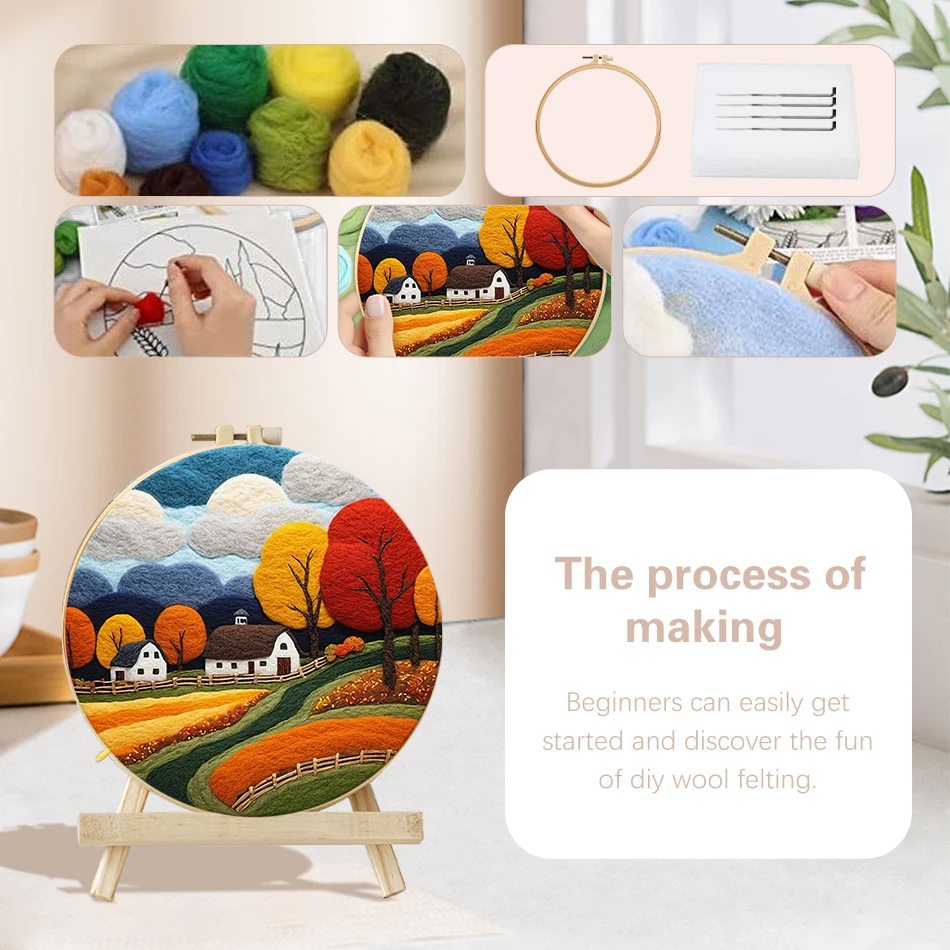 CHENISTORY 20x20cm Frame Felting Needles Kit House Landscape Diy Felt Set Felting Needles Wool Supplies For Mom Gift