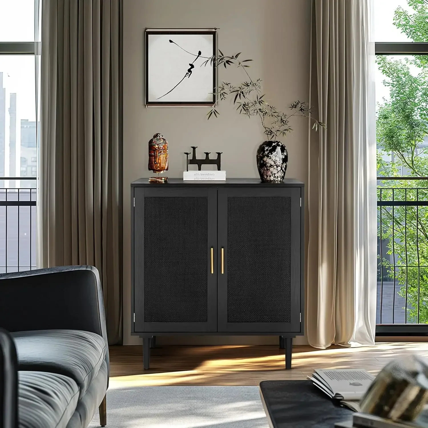 New2025-Sideboard Buffet Kitchen Storage Cabinet with Black Painted Rattan Decorated Doors, Dining Room, Hallway, Cupboard