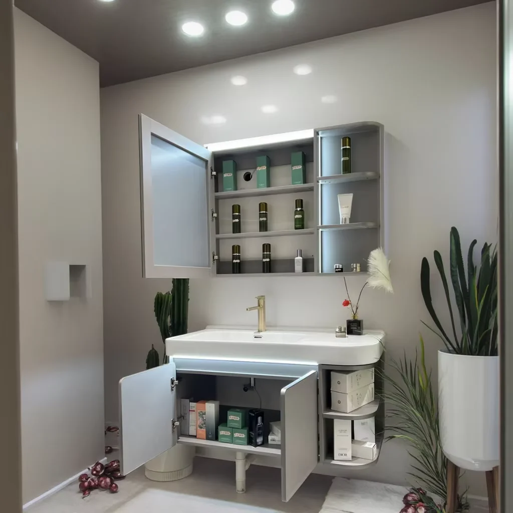 Modern Simple Wooden Rock Plate Bathroom Furniture Makeup Cabinet LED Smart Mirror Sink Basin Versatile Vanity Bathroom Vanity