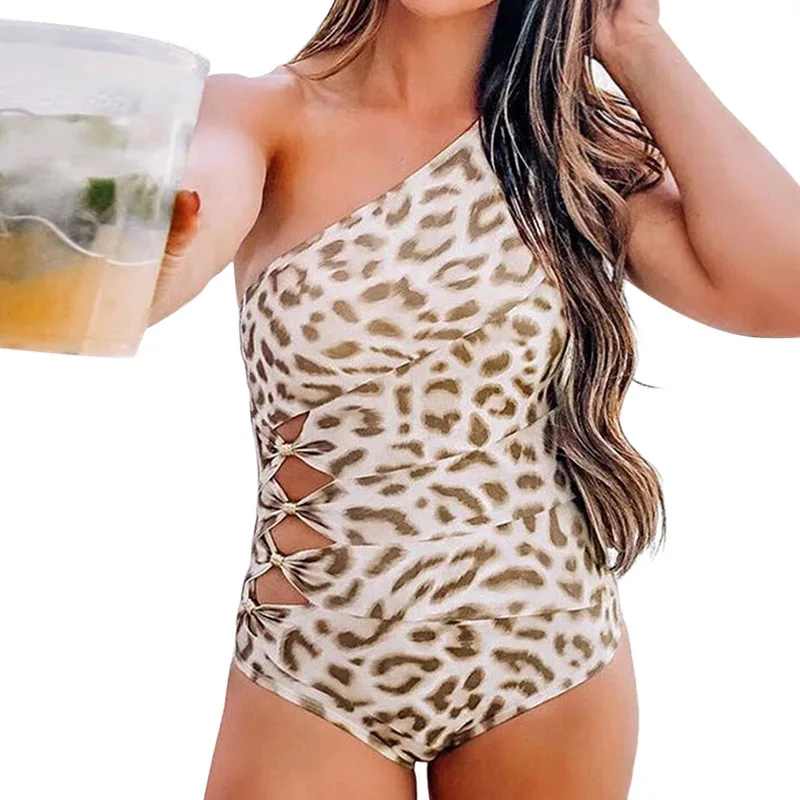 One Shoulder Cut Out Bikini One-Piece Sexy Swimsuit for Women Leopard Patchwork Bikini Set Swimwear 2023 Bathing Suits Beachwear
