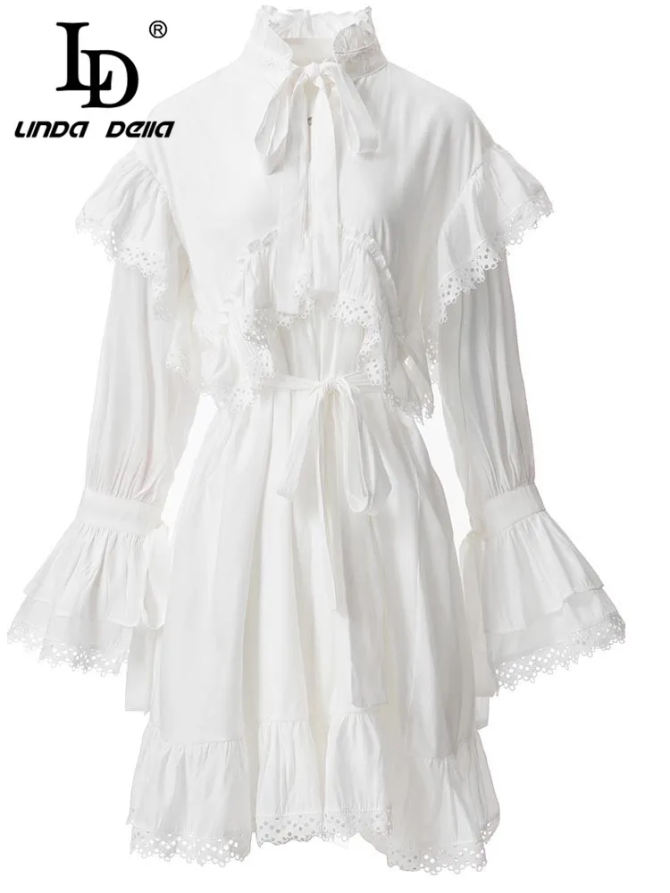 

LD LINDA DELLA 2023 New Fashion Designer Summer Mini Dress Women Flare Sleeve Ruffles Belted Hollow White Short Party Dress