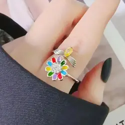 Shuangshuo Fidget Spinner Colorful Sunflower Bee Rings for Women Anti Stress Opening Adjustable Knuckle Rotating Anxiety Ring