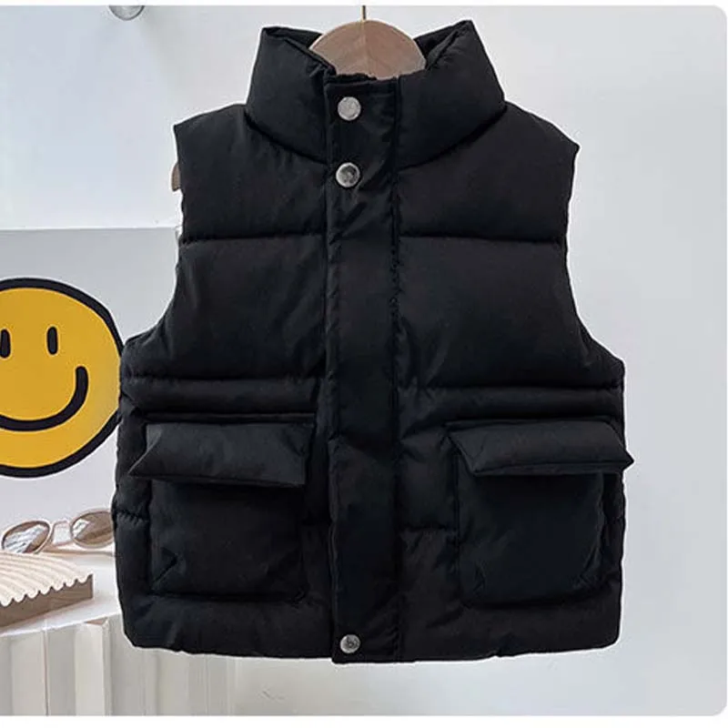 어린이 다운 조끼 소년 소녀 캐주얼 코튼 조끼 가을 겨울 어린이 방수 두꺼운 코트 주머니가있는 따뜻한 겉옷 천
