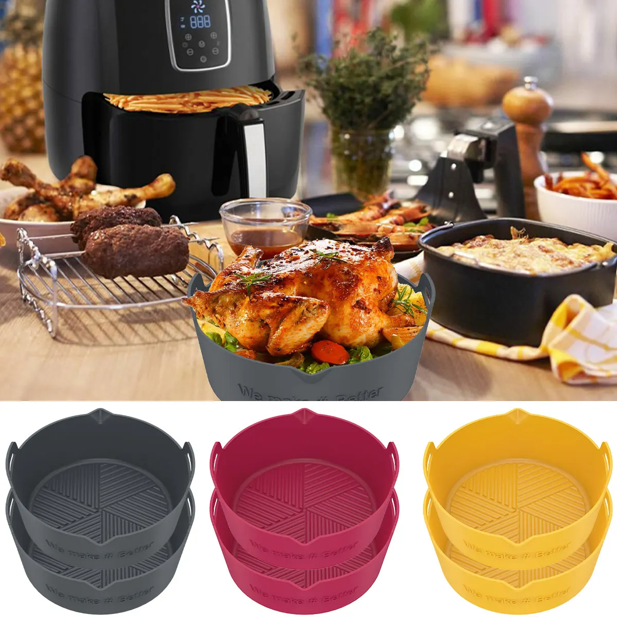 2Pcs Air Fryer Silicone Pot with Handle Reusable Air Fryer Liner Heat  Resistant Air Fryer Silicone Basket 7.87inch Round Baking Pan Air Fryer