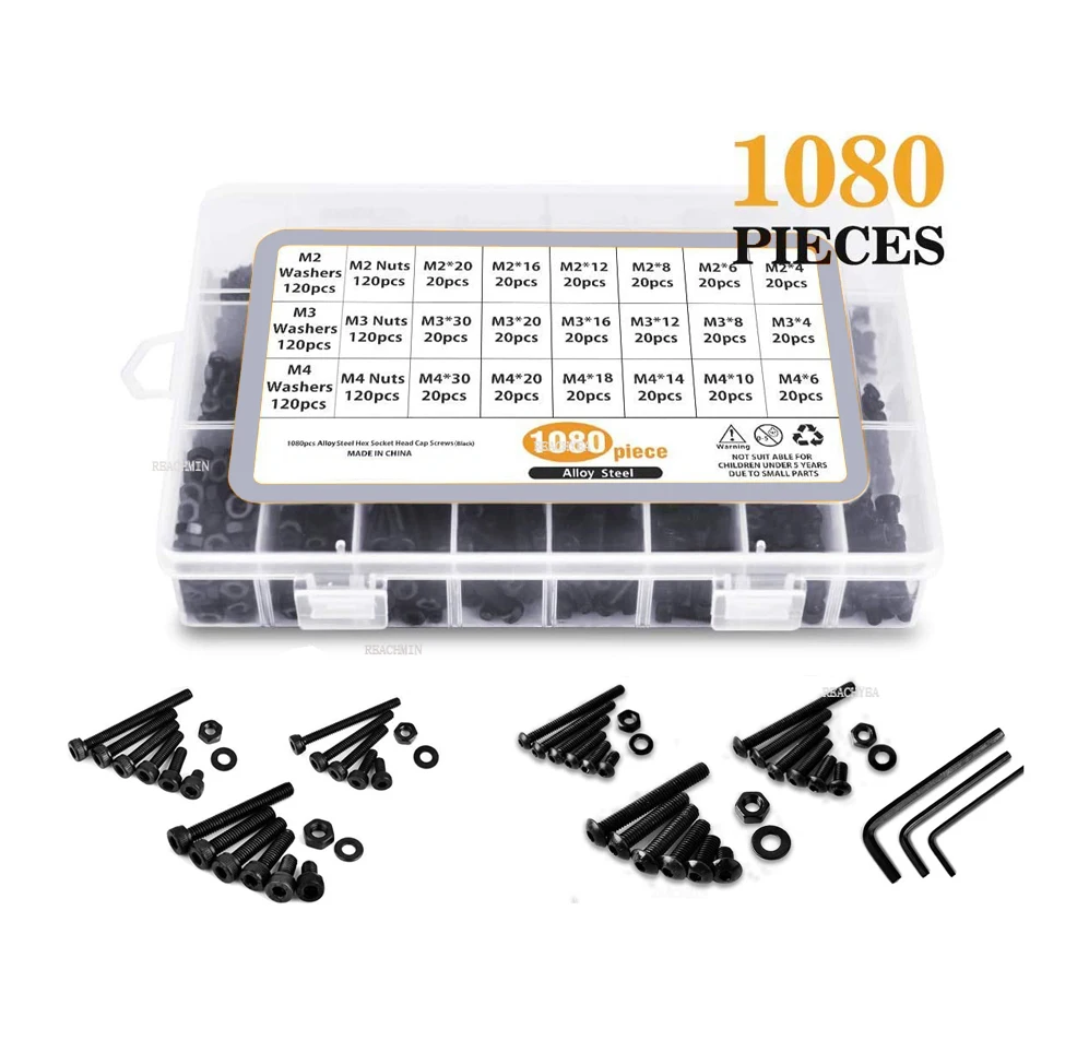 

1080pcs Alloy Steel Hex Socket Button Head Screws Nuts Flat Washers Kit M2 M3 M4 Black Screws Assortment