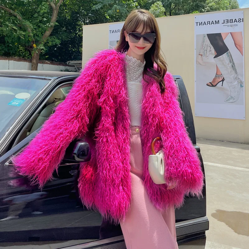 2023 Winter New Women Faux Fur Coat Imitated Tibet Sheep Fur Mid-Length V-neck Loose Outwear Temperament Casual Lamb Wool Coat