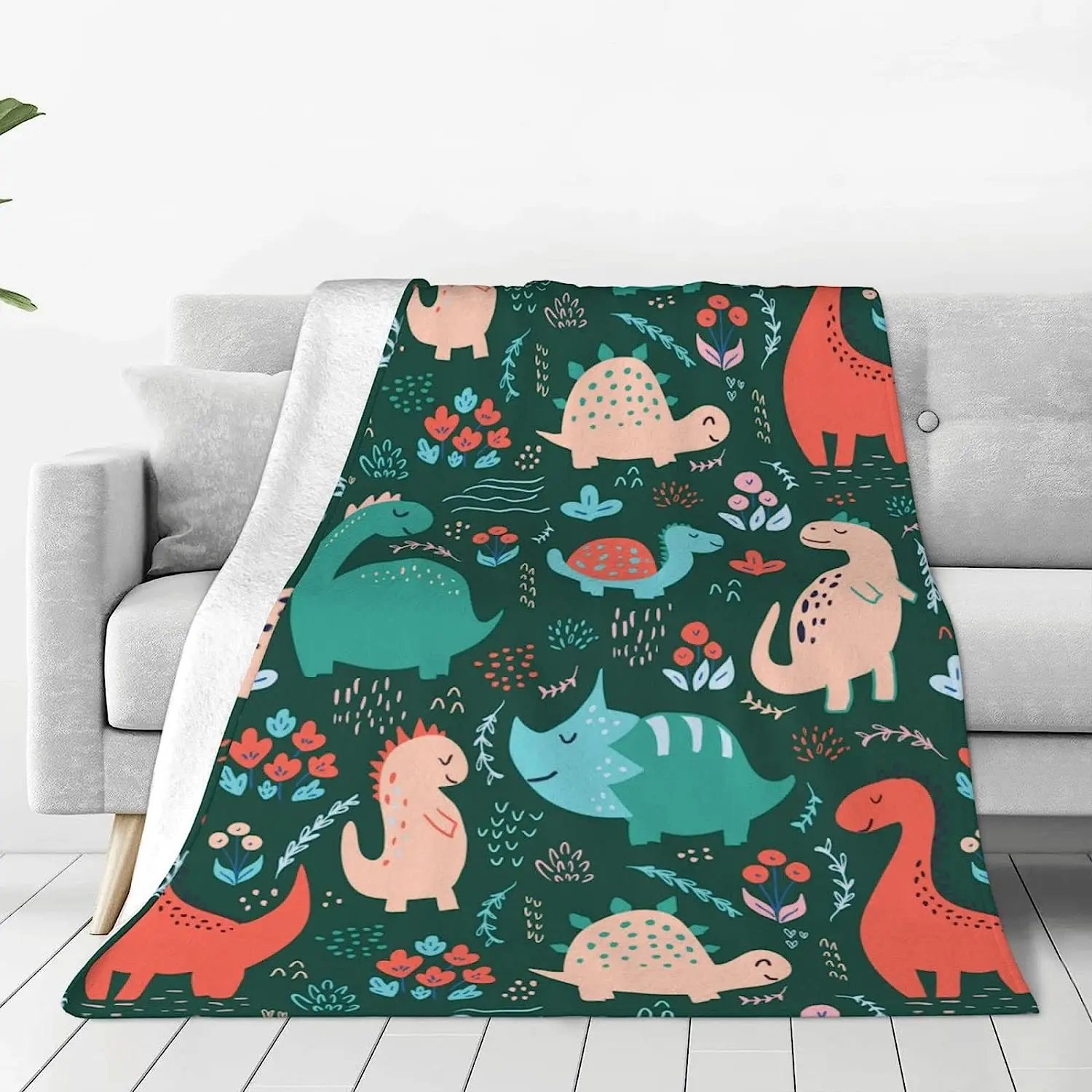 

Cute Cartoon Dinosaurs Throw Blanket for Bed Sofa Couch Fleece Blankets Lightweight Soft Cozy 50"x40"