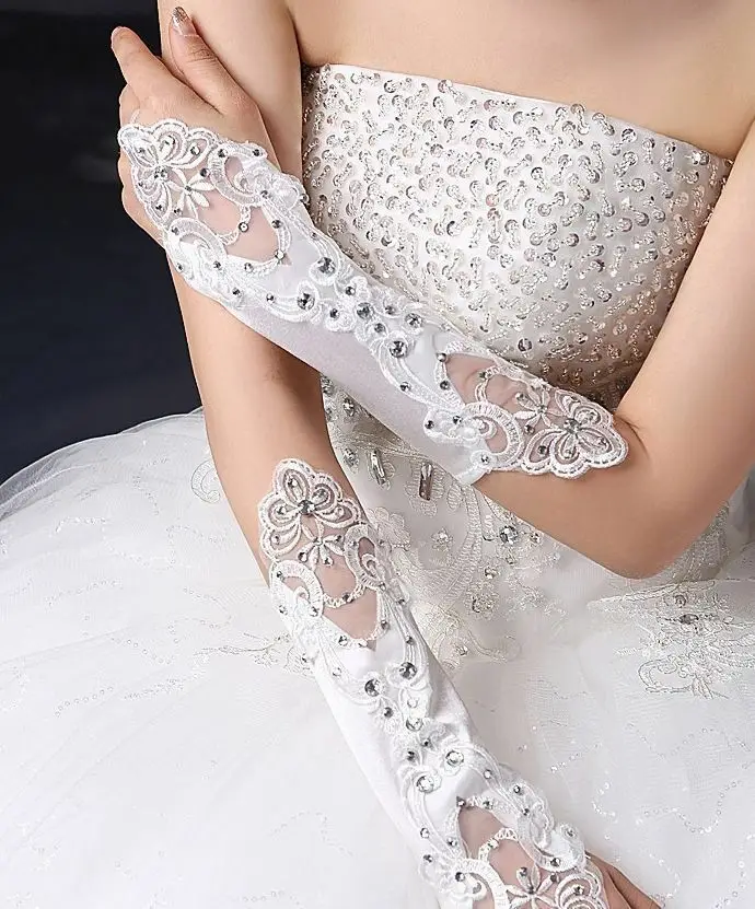 

LACE WEDDING BRIDES SATIN RHINESTONE CRYSTAL LONG GLOVES invitada boda mujer gelin aksesuarları elegant gloves acessórios para