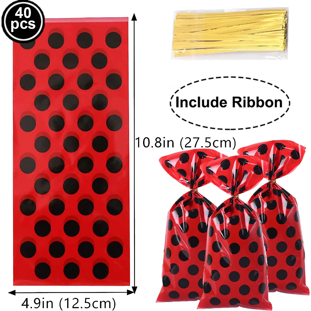 thumbnail image 1 of Bolsas rojas con lunares negros, bolsas de celofán de plástico, bolsas de regalo para fiestas temáticas de mariquitas, suministros para fiestas de cumpleaños infantiles, 1 of 5
