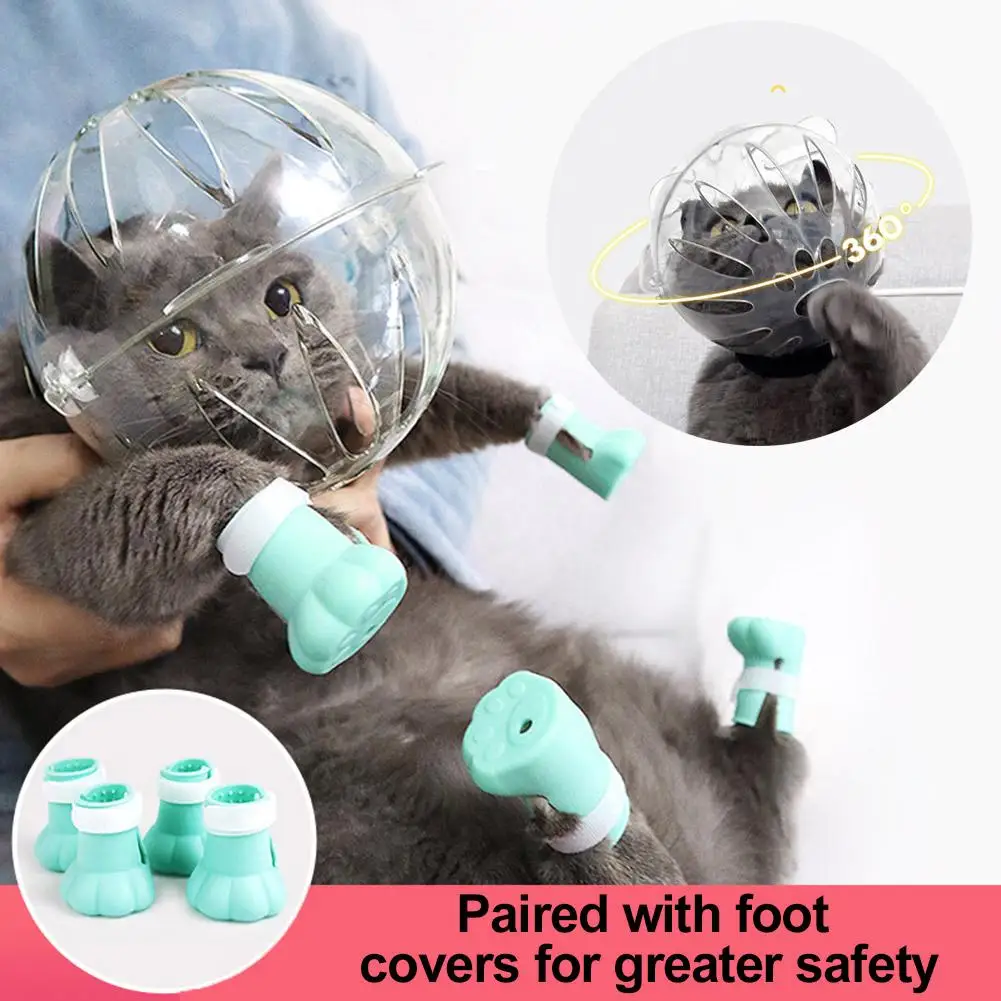 Cat Muzzle and Boots Anti Bite Cat Breathable Hood Anti-Licking Clear Reusable Helmet with Paw Cover Anti-Scratch Paw Shoes