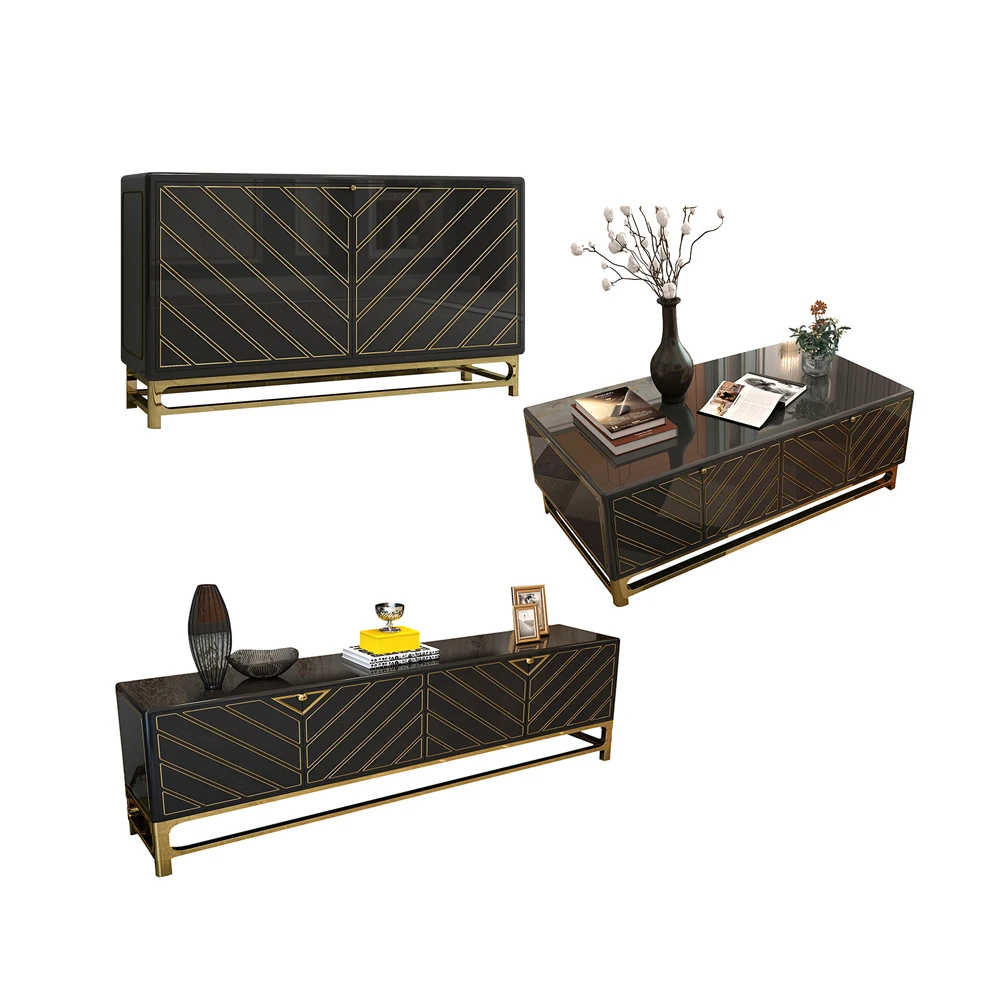 MANBAS Designer Living Room Furniture Set with Stainless Steel TV Stand, Coffee Table,and Dining Side Cabinet In Gilding Process