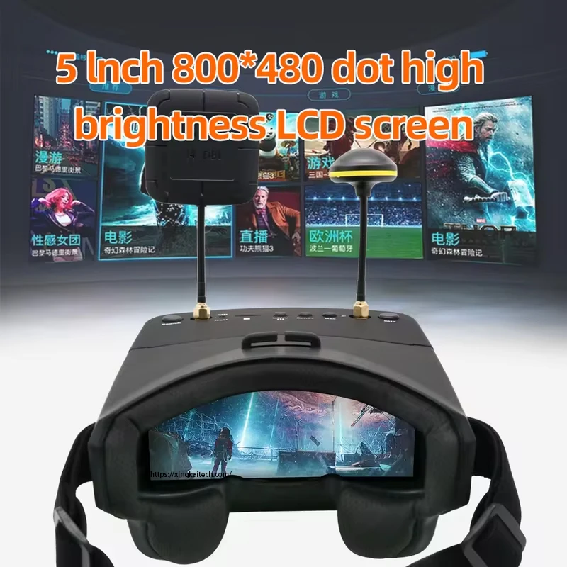 Détail de l'écran allumé des lunettes FPV 5.8G 40CH 5 pouces avec DVR HD et réception diversité affichant une image de drone