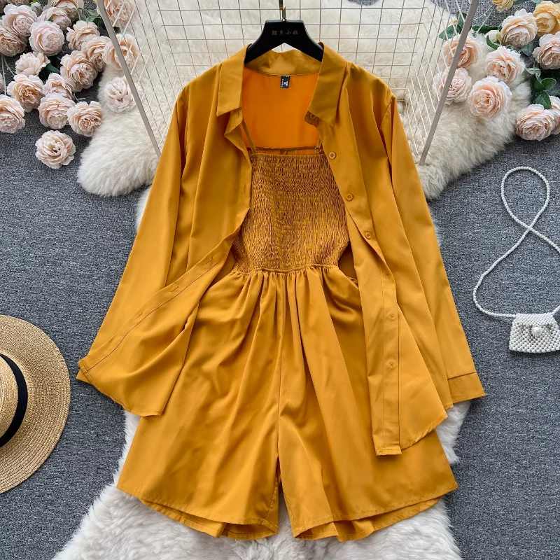 

Осенний Новый Модный повседневный костюм, Женская нишевая дизайнерская Свободная рубашка высокого качества + модные цельные шорты с широкими штанинами и высокой талией