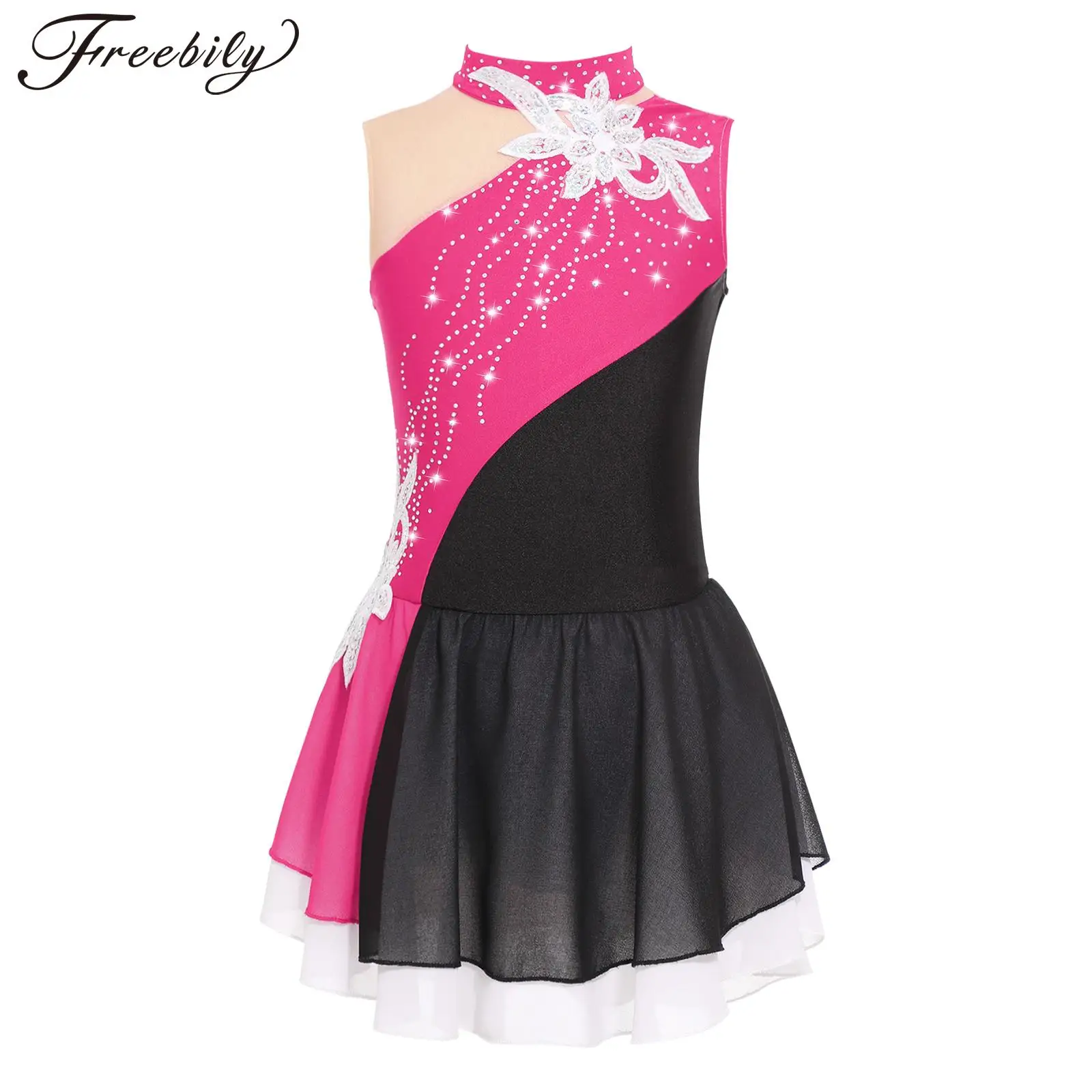 Strass Ragazze Ginnastica Body Dress Senza Maniche Figura Pattinaggio Su Ghiaccio Dancewear Stage Performance Ballerina Dance Costumes