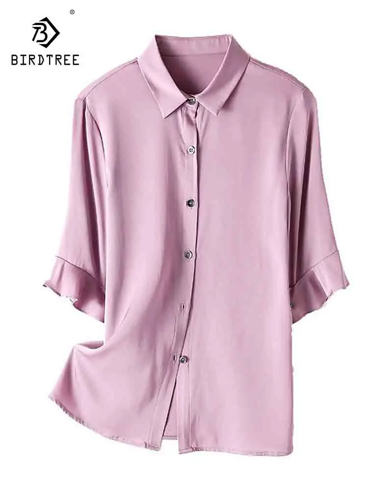 

Birdtree 91.8%Real Silk 8.2% Spandex Shirt Women's Short Sleeve 2023 Summer New Ruffle Edge Office Lady Elegant Blouse T39254QC