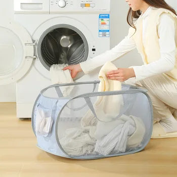 Robusto cesto portabiancheria in rete, cesto pop-up con tasca laterale per lavanderia, bagno, camera dei bambini, dormitorio universitario o viaggi 1
