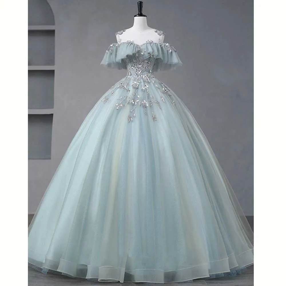 Elegant Light Green Princess Prom Dress Shiny Flowers A-Line Floor Length  Tulle | eBay