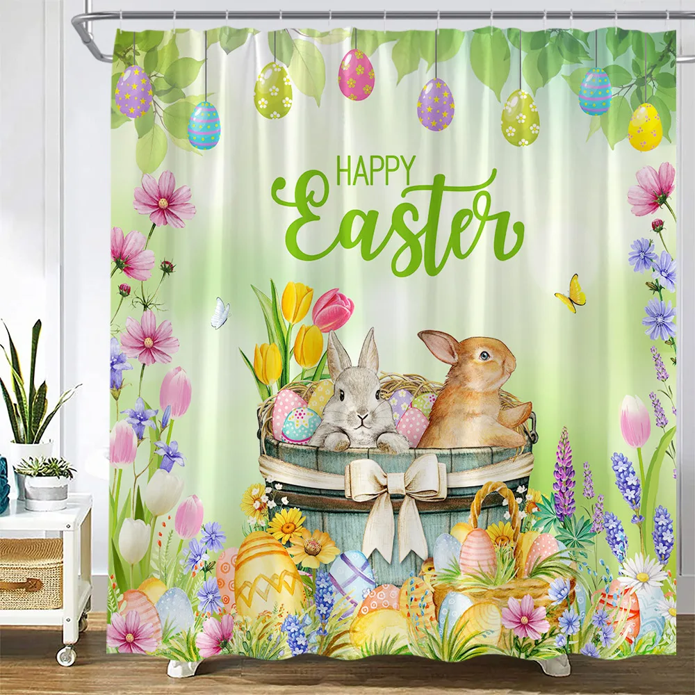 

Easter Bunny Shower Curtains Spring Butterfly Tulips Flowers Plants Rabbit Eggs Bath Curtain Polyester Bathroom Decor with Hooks