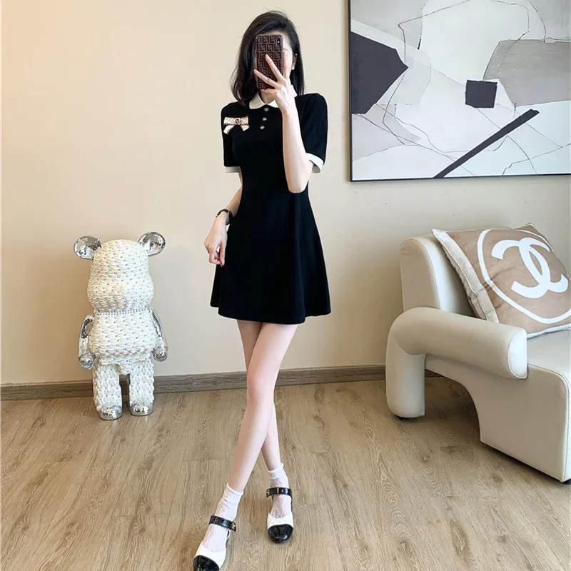 

New Women's Dresses Summer Short Sleeve Peter Pan Collar Black One Piece Dress A Line Sweet Junior Mini Dress Long Tunic