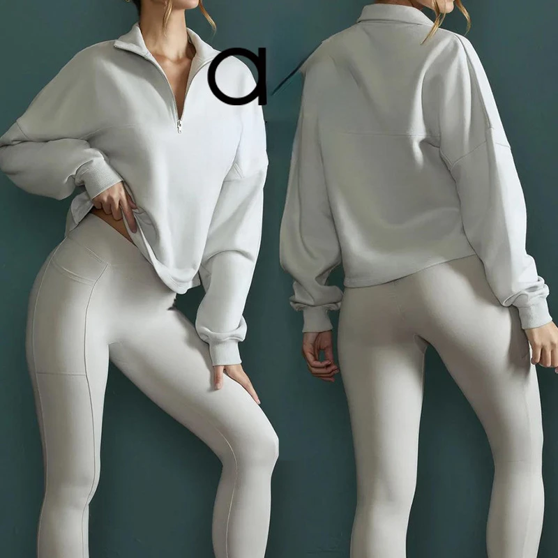 

AL Yoga Suit New High Collar Fitness Sports Top Women's Standing Collar Running Zipper Loose Long Sleeve Sweater