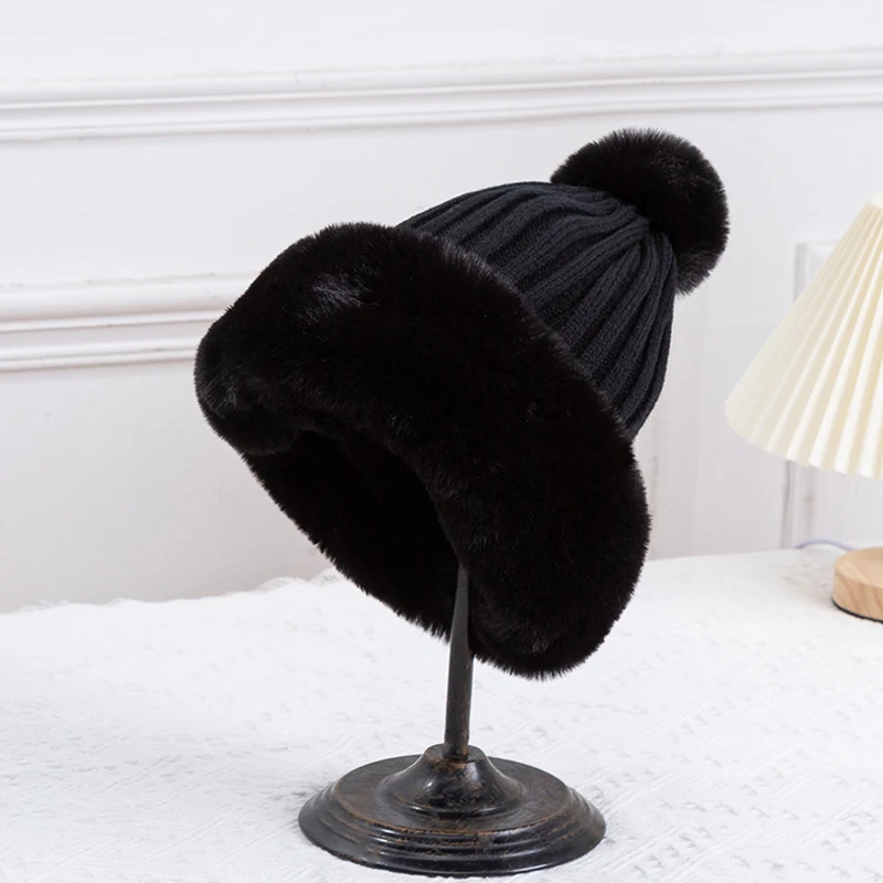 Winter Princess Cap with Ball for Women Ski Hat Outdoor Warm Ear Protection Knitted Beanies Soft Faux Fur Female Pom Pom Caps 2