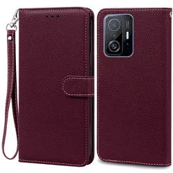 Leather Wallet Flip Case - Elegant Cover for Xiaomi 11T (Wine Red -Strap)