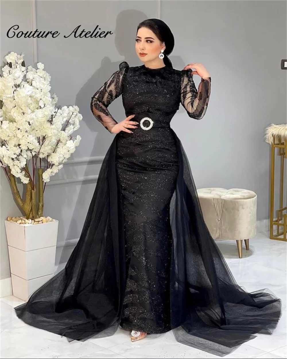 Vestidos de Noche musulmanes de sirena negra de Turquía, largo de lujo para fiesta, vestidos de cena de manga larga con tren, vestidos de cuentas de fiest| | - AliExpress