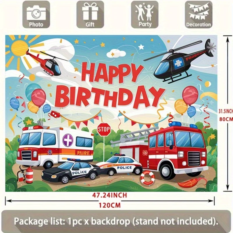 1-Partydekorationsbanner „Happy Birthday“ mit Polizeiauto, Feuerwehrauto, Krankenwagen, Hubschrauber und Ballondesign – Polyester – Detail 5