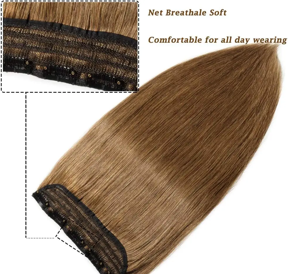 Clip in Hair Extensions One Piece 5 Clips 120g Soft Silky Straight Hair #6 Light Brown 3/4 Full Head Shaped Weft Thicker