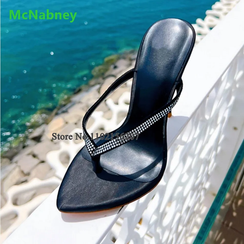

Black Flip-flops Thin High Heel Slippers For Female Women 2023 New Arrivals Crystal Pointed Toe Sexy Casual Outside Summer Shoes