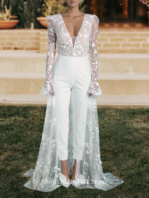 2023 Lace Floral Illusion Long Sleeve A-Line Bridal Jumpsuit with  Detachable Train - Sheer Neck Beach Wedding Pant Suit