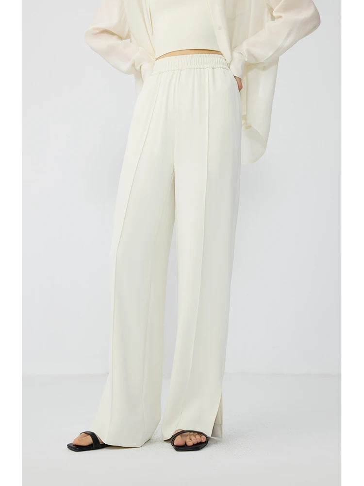 ZIQIAO 여성용 여름 긴 바지, 흰색 스트레이트 탄성 허리, 전체 길이 폴리에스터 바지, 여성용 얇은 바지, 24ZQ92207 