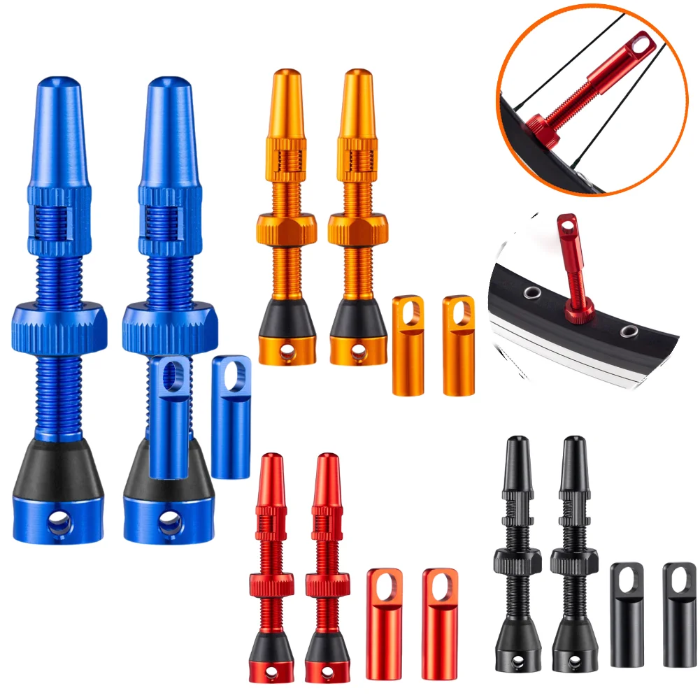 Bicycle Valve CNC Aluminum 40/44mm Road Bike Tubeless Tire Valve Value Core Remover Tool with Caps 1 Pair for Road Tubeless Tire