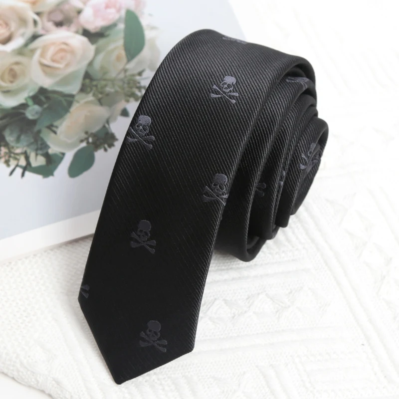 Schwarze schlanke Totenkopf-Krawatten für Männer und Frauen, Einstecktuch, Manschettenknöpfe, Brosche, Set, lässig, Party, Cosplay, Punk-Zubehör, gefälschter Kragen – Detail 2